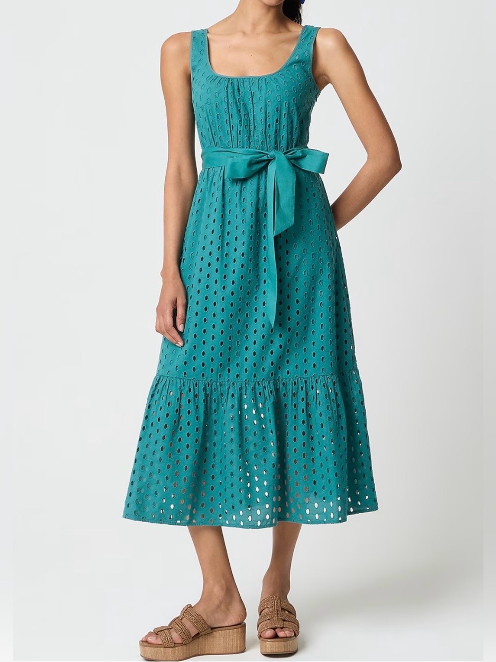 J.Crew Factory Cottagecore-Chic Eyelet belted midi dress.